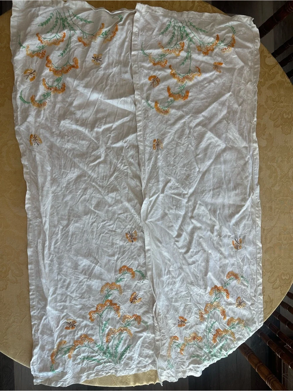 White Embroidered Floral Linen Table Runner Pair- Yellow & Green Detail